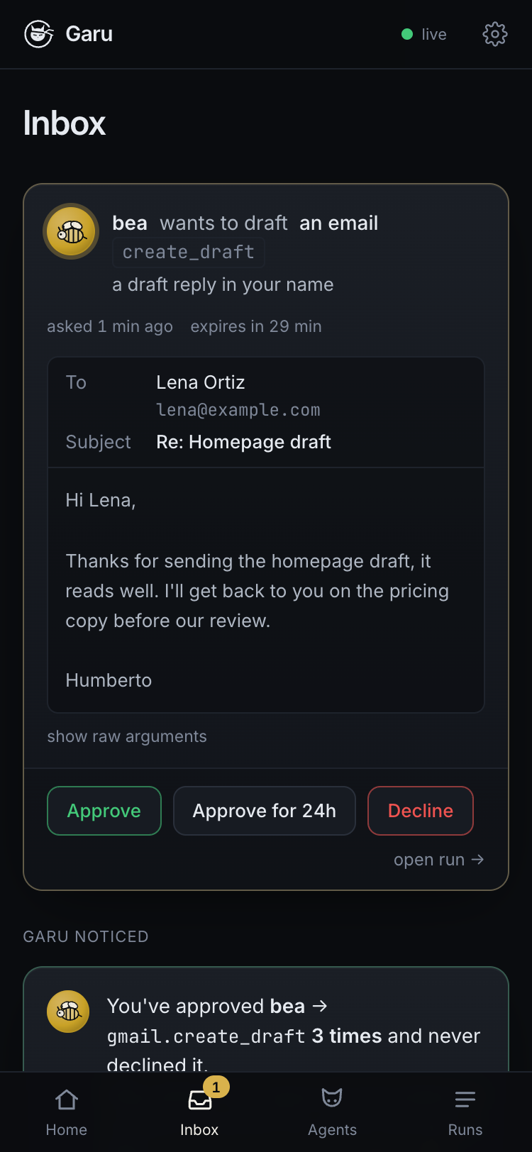 The control room on a phone: Bea's draft reply to Lena shown as an email, with To, Subject and the text, and Approve, Approve for 24h and Decline buttons above a four-tab bar.
